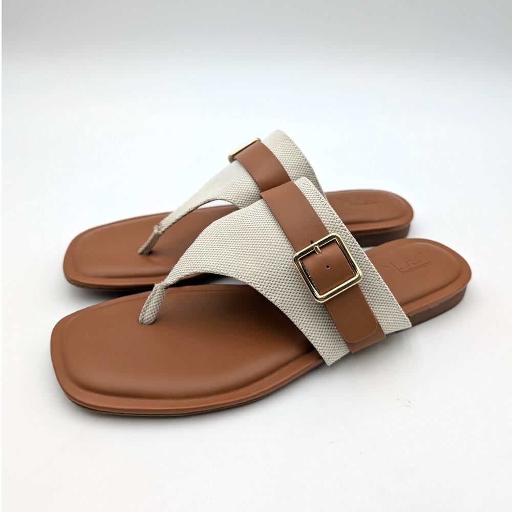Nordstrom Rack Casen T-Strap Flat Sandals Women's Ivory/Cognac Sz US8.5M EU38.5